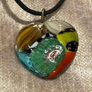 Glass Multicolored Heart Venetian Murano Necklace Corded 14” Choker